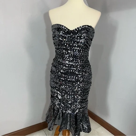 Vintage Tadashi silver fit and flare sweetheart 80s retro cocktail dress bodycon - Picture 8 of 11